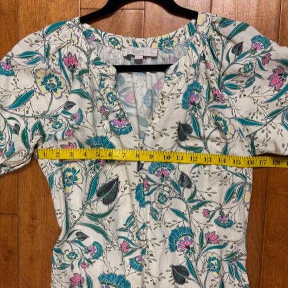 LOFT Womens Midi Dress Size M Linen Floral V-Neck Puff Sleeve Cottagecore Praire - Picture 8 of 10
